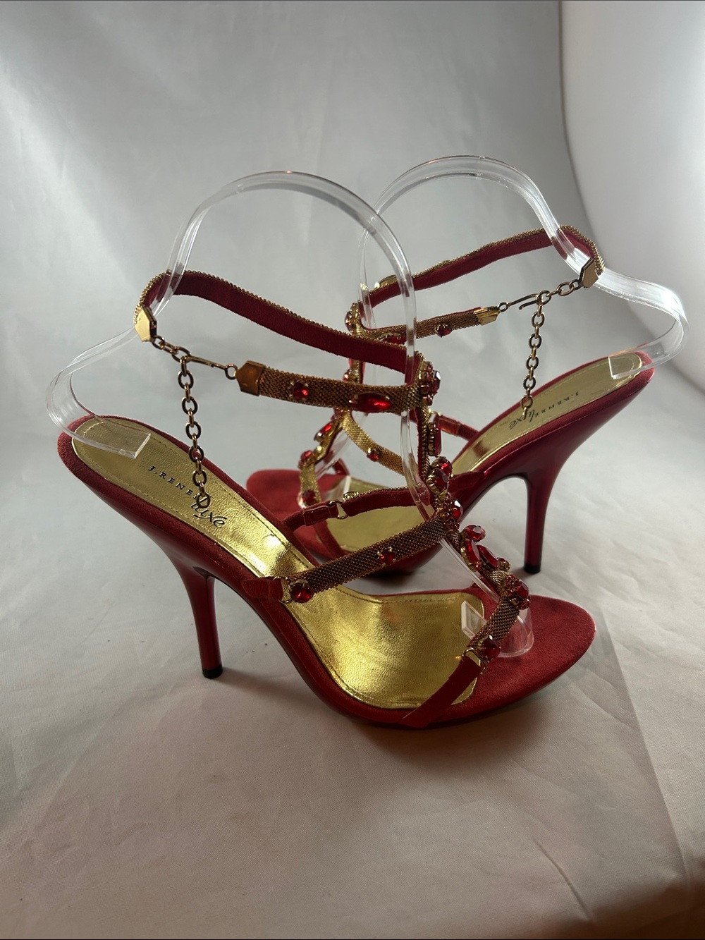 Red Jeweled T-Strap Slingback Heels - Picture 6 of 15